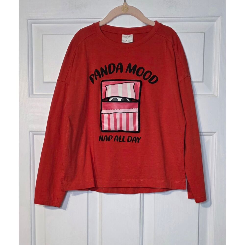 Zara red‎ long-sleeved top Panda Mood Nap All Day Size 9 sleepy cozy shirt